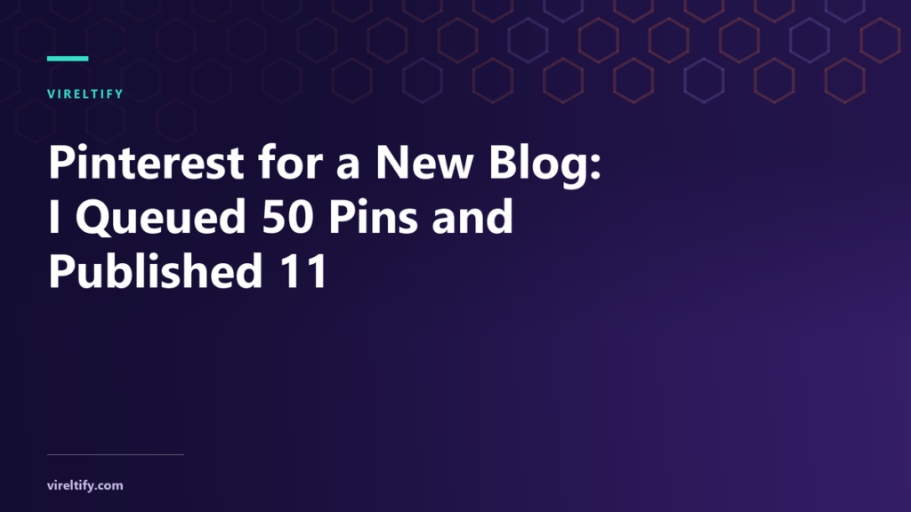 Cover image for the article 'Pinterest for a New Blog: I Queued 50 Pins and Published 11' on vireltify, with an abstract geometric pattern.